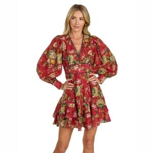 Trish Scully Burgundy Floral Print Coralie Mini Dress, XL, Boho, Cottagecore NWT